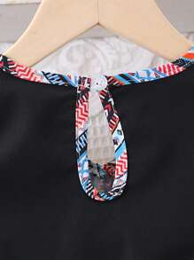 夏季新款少女装适合 4-7 岁，休闲日常海滩度假旅行波西米亚风连衣裙，V 领收腰复古印花 - 黑色 - 查看 6