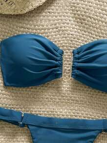 Swim Vcay Springbreak Damen Sommer einfarbiger Bandeau-Top mit Metalldekoration und Tanga-Höschen 2-teiliges Bikini-Badeanzug-Set