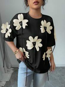 Chiquease Women's Elegant 3D Floral Print Short Sleeve T-Shirt, Valentine's Day - Black - View 4