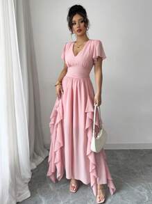 Rafferiza 优雅修身荷叶边下摆连衣裙，法式风格 - 粉色 - 查看 3