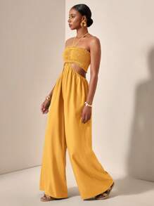 Slaydiva Women's Vacation Solid Color Shirred Waist Hollow Out Halter Wide Leg Jumpsuit - Yellow - View 8