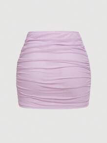 SHEIN MOD 纯色双层褶皱紧身迷你裙 - 紫丁香色 - 查看 2