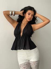 SHEIN Essnce Tank Top Women Women's Solid Color Halter Tie Back Sleeveless Blouse, Minimalist & Fashionable For Summer