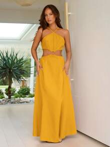 SHEIN VCAY 女士无袖露背纯色连衣裙，简约时尚，适合夏季 - 黃色 - 查看 1