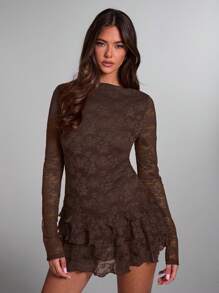 SHEIN BAE 女士酒红色纯色优雅花卉蕾丝长袖荷叶边下摆迷你连衣裙，适合约会之夜、夜总会、生日派对、情人节、鸡尾酒会 - 咖啡棕 - 查看 6