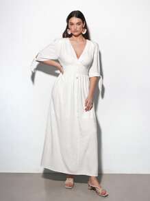 Maija 大码女式夏季波西米亚度假沙滩短袖长裙、全白女装毕业礼服、婚礼宾客礼服、女士沙滩装、外出礼服、女士度假礼服、优雅商务休闲女装、女士演唱会服装 - 白色 - 查看 5