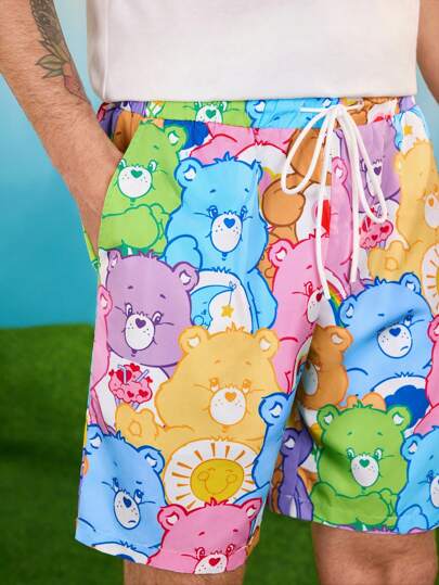 SHEIN X Care Bears Men's Casual Loose Woven Drawstring Shorts With Bear Print
