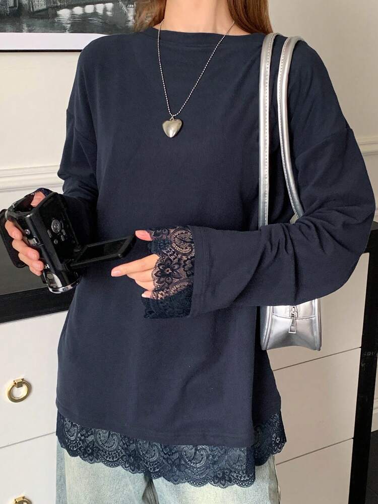 Women's Casual Loose Lace Patchwork Drop Shoulder Round Neck Long Sleeve T-Shirt,Fall Clothes