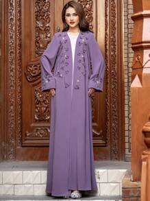 Layrah Handmade Spinach Root Color Flower Beaded Robe Abayas - Red Violet - View 8
