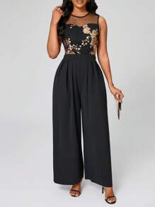 Lyxana Women's Elegant Lace Sequins Jumpsuit, Casual Holiday Wear