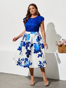 Ellevyn Conjunto de talla grande de dos piezas elegante para ocasiones festivas: blusa de cuello redondo con puños con volantes de color liso y falda larga y de cintura alta con estampado de rosas - Azul - Ver 5