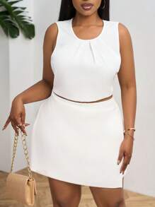 SHEIN PETITE CURVE 大码女式纯色简约 A 字裙，休闲日常穿着 - 白色 - 查看 7