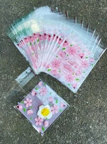SHEIN 100 个粉色花卉印花 Opp 自粘袋，浪漫粉色花朵和绿叶印花小礼品包装袋，适合派对、生日等活动装饰情人节、情人节婚礼、生日 - 彩色 - 查看 5