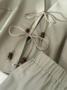 CosyJoli 加大码贝壳边系带袖衬衫和短裤套装，度假休闲女装两件套夏季 - 綠色 - 查看 4