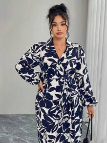 Modelyn Plus Size Elegant Floral All Over Print Lantern Sleeve Tie Wrap Dress - Navy Blue - View 4