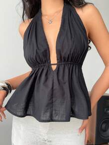 SHEIN Essnce Tank Top Women Women's Solid Color Halter Tie Back Sleeveless Blouse, Minimalist & Fashionable For Summer