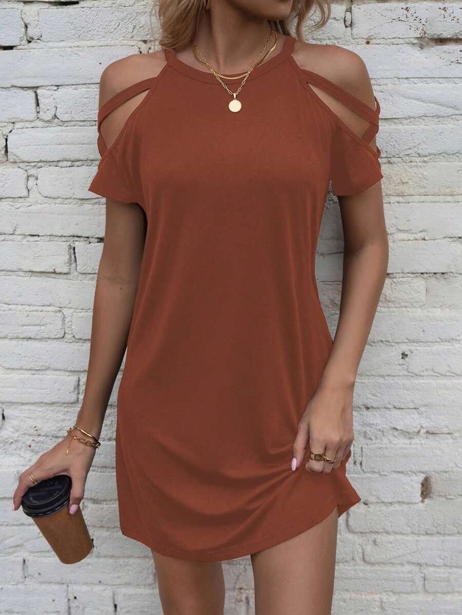 SHEIN LUNE Vestido casual de unicolor con hombros descubiertos para ropa de Año Nuevo