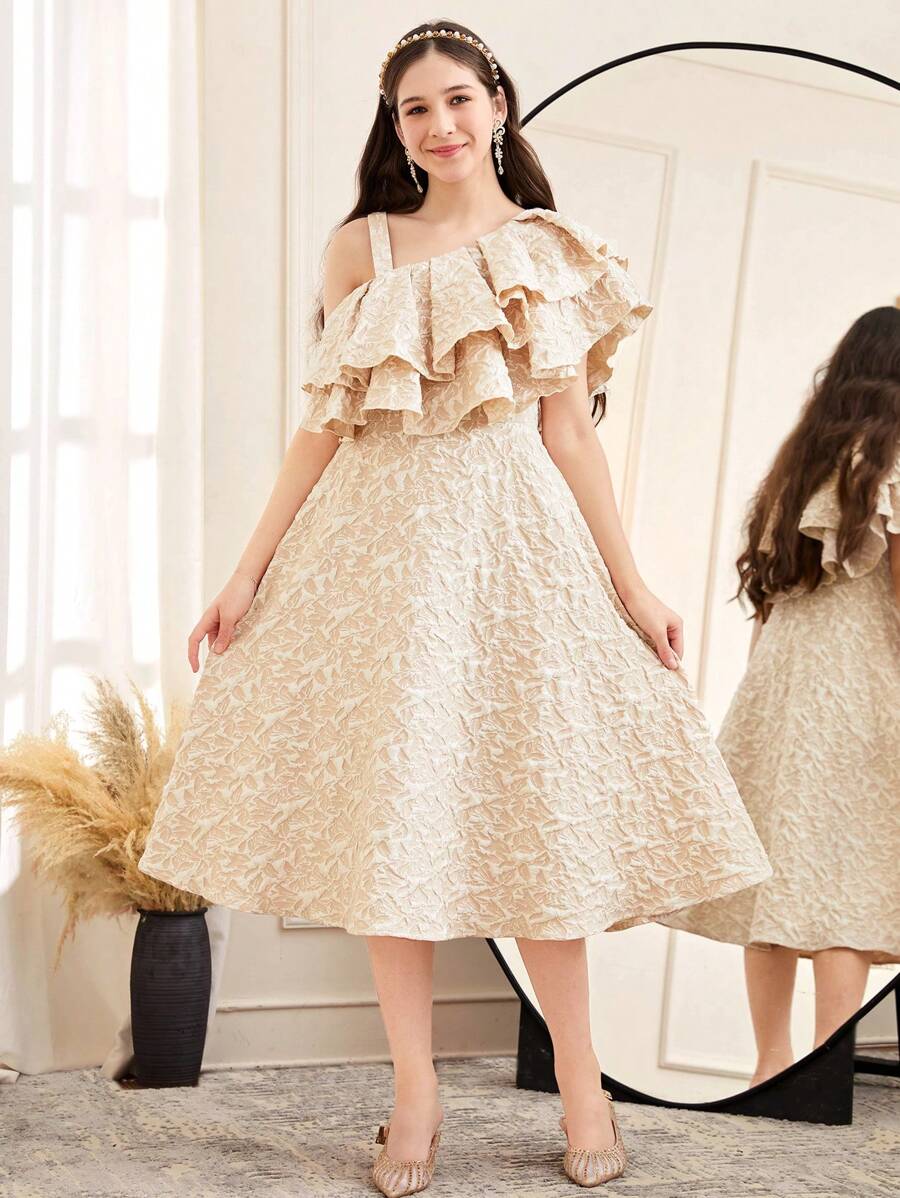 SHEIN Leap Crew Teen Girl Elegant Layered Ruffle Asymmetric Neck Mid-Length Dress - Apricot - View 1