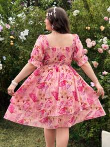 Lyrianda Plus Size Vintage Floral Ruffle Hem Lantern Sleeve Mini Dress For Women, Casual, Office, Beach, Wedding, Spring/Summer