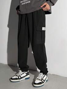 SHEIN 青少年男孩休闲工装口袋慢跑裤，灰色，百搭，日常穿着，学院风，男孩服装 - 黑色 - 查看 2