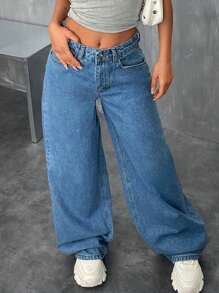 EURMUSE Lässige Jeans aus Baumwolldenim mit tiefer Taille, minimalistisch und modisch - Mittele Waschung - Übersicht 5