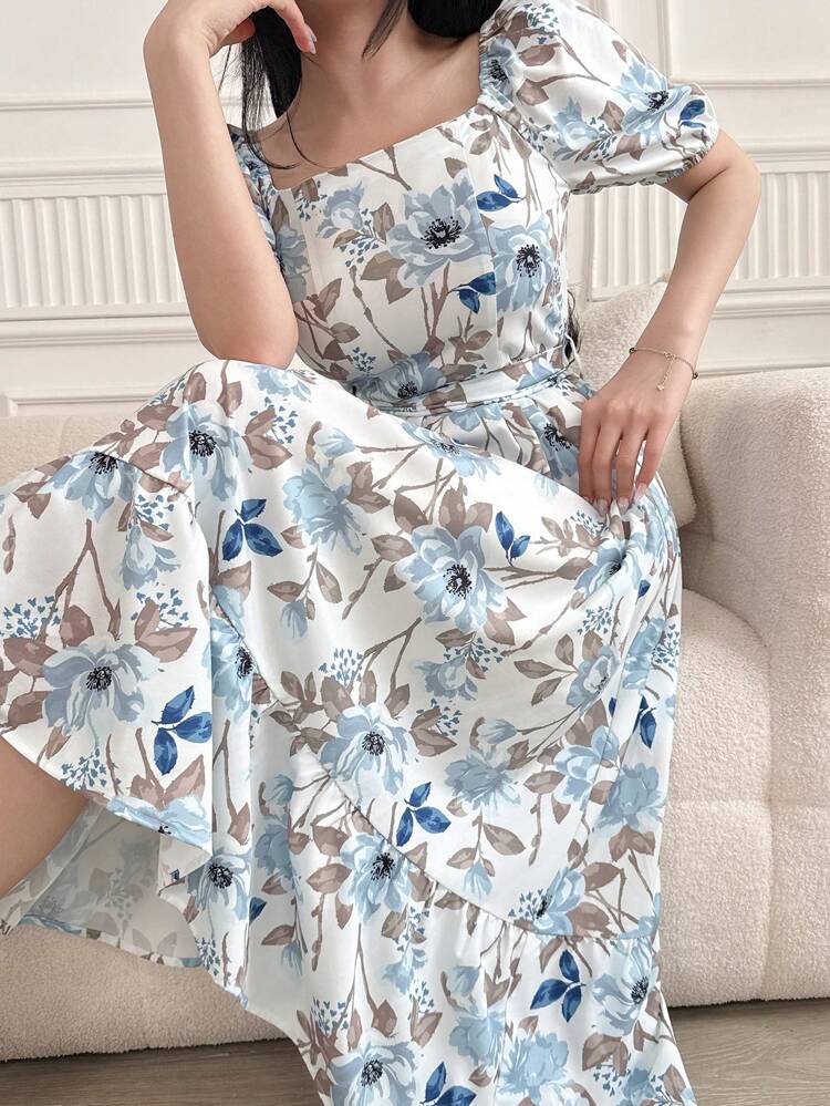 Women Square Neck Floral Print Mid-Calf Dress With Sash Tie Waist, Back To School Clothes, Teacher Outfits Vacation Outfits Women Easter Dress Boho