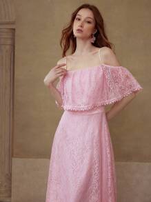 MOTF PREMIUM LACE RUFFLE ZIPPER DRESS - Pink - View 4