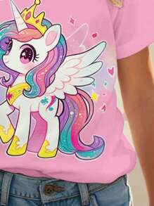 SHEIN تي شيرت قصير الأكمام برقبة دائرية بنمط وحيد قرن، مناسب للفتيات الصغيرات، تصميم بسيط وعادي، مناسب للصيف - متعدد الألوان - مشاهدة 3