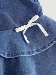 SHEIN Girlism 青少年女孩 Y2K 时尚春夏假期石洗紧身连衣裙，分层蝴蝶结细节，女孩夏季太阳裙海滩波西米亚风音乐会狂欢节服装 - 中等水洗藍 - 查看 3