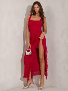 SHEIN BAE Robe de soirée romantique pour femme en rouge unicolore avec volant sur l'épaule, fente élevée sur le devant, robe élégante et sexy