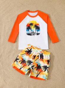 2 件套男童泳裤、热带印花插肩袖上衣和编织沙滩短裤、儿童沙滩装 - 彩色 - 查看 4