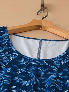 EMERY ROSE Plus Size Elastic Leaf Print Dress, Spring/Summer - Blue - View 4