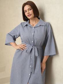 SHEIN Clasi Curve Plus Size Women's Blue And White Check Business Elegant Bow Waist Button Stand Collar 3/4 Sleeve Dress,Dresses For Women Elegant,Old Money Style Women,Modest Dresses For Women,Summer Outfits For Women,Summer Dresses For Women,Vacation Outfits Woman,Vacation Outfits Women,Summer Clothes,Business Casual Woman,Going Out Outfits, - Blue and White - View 2