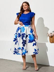 Ellevyn Conjunto de talla grande de dos piezas elegante para ocasiones festivas: blusa de cuello redondo con puños con volantes de color liso y falda larga y de cintura alta con estampado de rosas - Azul - Ver 7