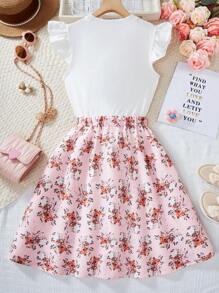 2 件套青少年女孩兔子印花短袖上衣和碎花裙套装，休闲复活节假期风格 - 白色 - 查看 2