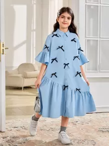 SHEIN Leap Crew Vestito camicia per ragazze pre-adolescenti in blu cielo, con maniche a campana arricciate, fiocco decorativo, vestibilità ampia e comoda, adatto per il ritorno a scuola e uso casual - celeste - Visualizzare 1