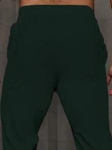 Manfinity Homme Men's Solid Color Drawstring Waist Pockets Straight Casual Loose Pants Men Pants Classic - Dark Green - View 3