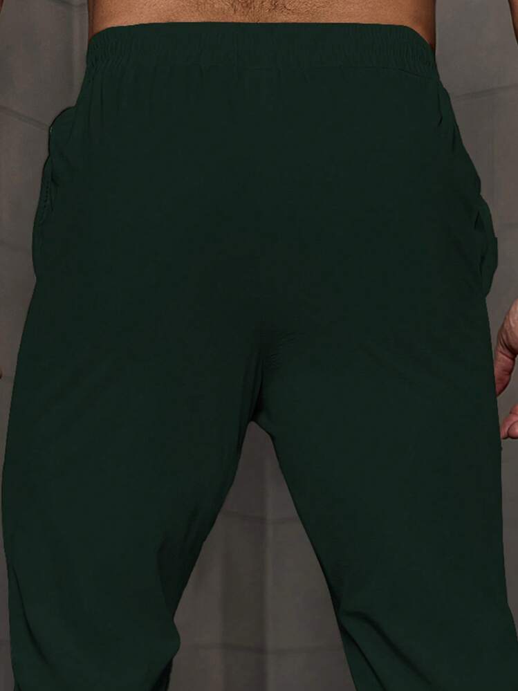 Manfinity Homme 男士纯色抽绳腰口袋直筒休闲宽松长裤男裤子经典款 - 墨綠色 - 查看 3