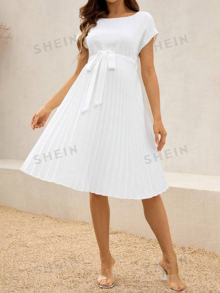 SHEIN Rochie de Maternitate, Culoare Solidă Mânecă Scurtă Gât Rotund, Stil Minimalist - alb - Vizualizare 1