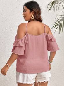 SHEIN VCAY Áo cánh rộng rãi màu trơn viền bèo nhún buộc bèo nhún phía trước cho nữ cỡ lớn - Màu Hồng  San hô - Xem 2