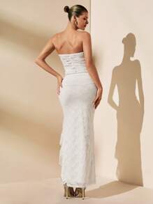 SHEIN BAE White,Summer,Elegant,Seductive,Wedding Bridal Solid Ruffle Lace See-Through Tube Top And Skirt Set,Beach Vacation Night Out Cocktail Party Clothing - White - View 2