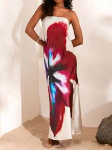 Opulessa Elegant Beach Holiday Sheer Floral Print Backless Dress,Sun Dress