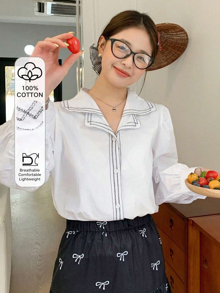 Women Turndown Collar Solid Color Casual Loose Lantern Sleeve Long Sleeve Blouse,Fall Clothes