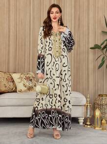 Al Najma 女式印花拼布长袖简约休闲长款阿拉伯连衣裙，阿拉伯连衣裙，端庄 - 彩色 - 查看 3