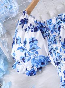 Sparklyn Tween Girls Floral Print Bowknot Short Sleeve Dress - Blue - View 3