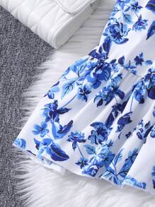 Sparklyn Tween Girls Floral Print Bowknot Short Sleeve Dress - Blue - View 6