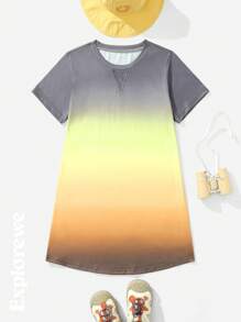 SHEIN 1pc Girls Loose Casual Round Neck Pullover Dress With Front Letter Print And Ombre Color Short Sleeve, Suitable For Outdoor And Summer - Grey - View 4
