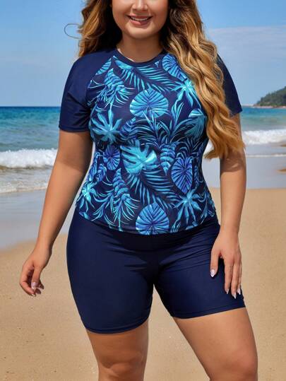 Swim Lushoire Plus Size Nữ Đi Biển Mùa Hè Tương Phản Bộ Rashguard In Hình Nhiệt Đới Cho Kỳ Nghỉ Ở Bãi Biển