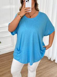 SHEIN CURVE+ Áo thun cổ tròn in hoa nhiều màu tay cánh dơi có túi cỡ lớn - Xanh đậm - Xem 3