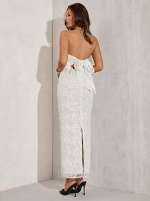 SHEIN BAE White Summer Elegant Wedding Guest Women Party Sleeveless Lace Patchwork Bow Back Slim Mesh Embroidery Long Dress For Cocktail Formal Event - White - View 2